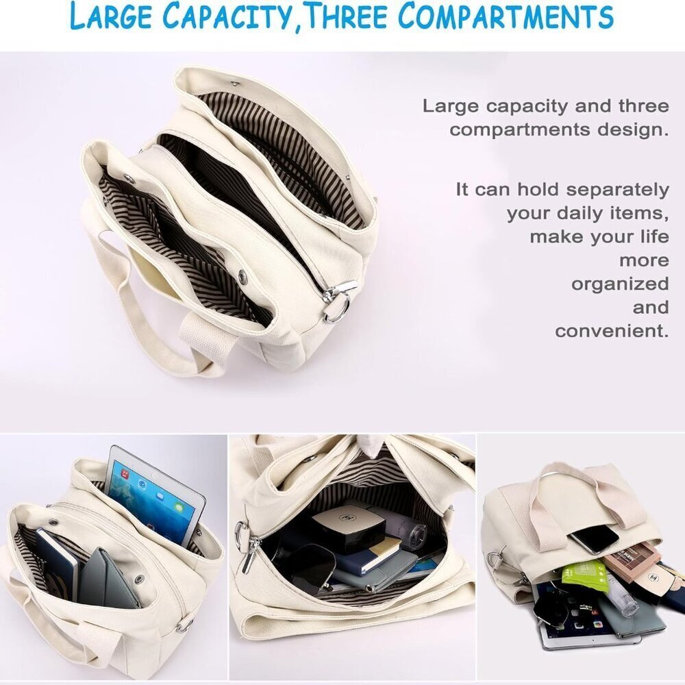 Canvas Crossbody Bag Women Small Multi Compartment Tote Purse for Daily Use - Picture 3 of 8